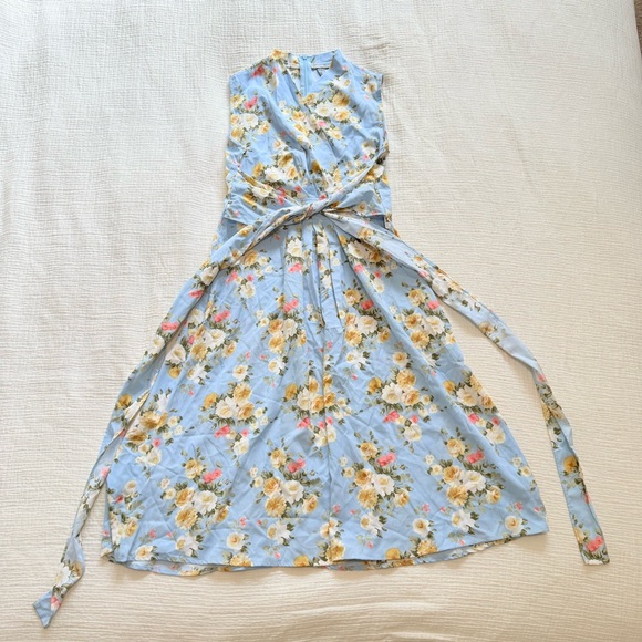 #076 | Floral Wrap Waist Midi Dress | Light Blue | S | Ribbon Pockets - Picture 3 of 8